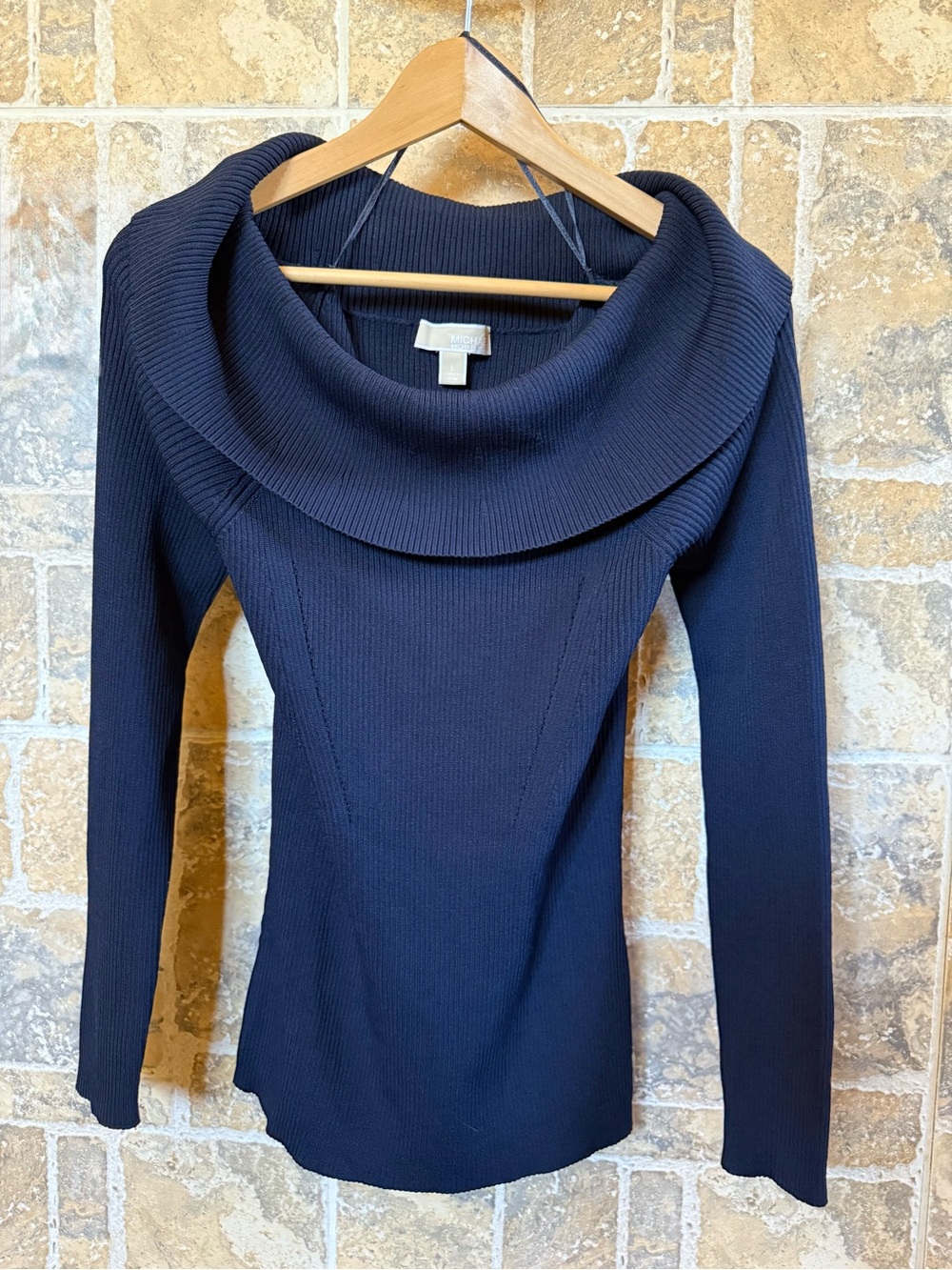 Michael Kors Navy Ribbed Knit Cowl Neck/ Off-the-Shoulder Sweater Large